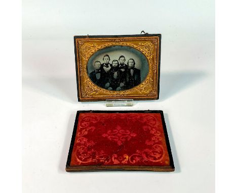 Antique quarter plate ambrotype or daguerreotype featuring a group of five distinguished men in three piece suits. Bearded ma