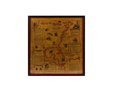 Print illustrating treasures located along the east coast of the United States to north coastline of South America.Housed in 