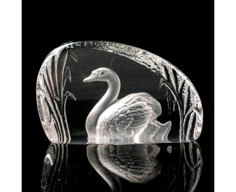 Elegant colorless crystal paperweight with frosted intaglio design depicting a swan swimming amongst the brush.Made for Danbu