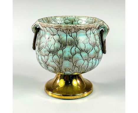 Goblet shaped turquoise toned with lustre finish &amp; branch patterning. Brass ring handles.Flared rim design. Hand Painted 