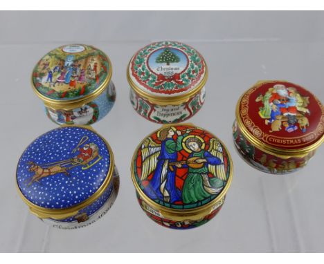 Five Halcyon Enamel Trinket Boxes, including Christmas 1997, Christmas 1988, Christmas 1988, Christmas 2002, Christmas 1986.