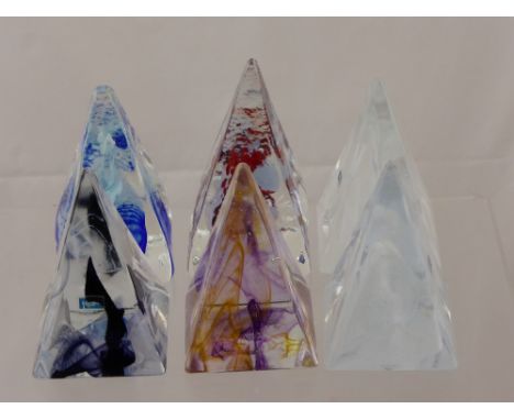 Six Caithness Pyramid Paperweights, including Blush, Clear, Red, Blue, White and Purple.