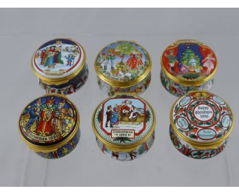 Six Halcyon Days Enamel Trinket Boxes, including Christmas 1994, Christmas 2005, Christmas 2001, Christmas 1994, Christmas 19