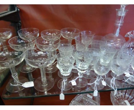 Antique Edwardian Glass, including seven champagne glasses, thirteen sherry glasses and three tumblers and a single glass dec