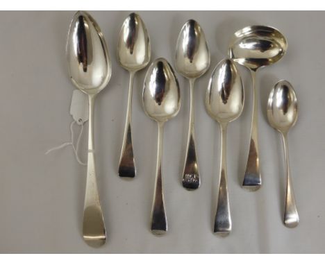 Seven Solid Silver Georgian Spoons, including four dessert spoons, one teaspoon, a sauce ladle and a serving spoon (Newcastle
