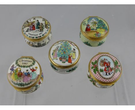 Five Halcyon Enamel Trinket Boxes, including Christmas 1975, Christmas 1984, Christmas 1982, Christmas 1987 and Christmas 198
