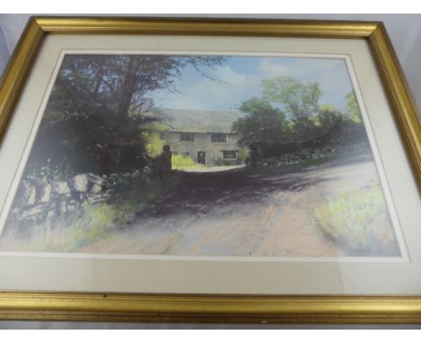 J K Whitton (British) Oil and Pastel entitled "Sunshine and Shadows" a pastel depicting a country scene with a lane and a cot