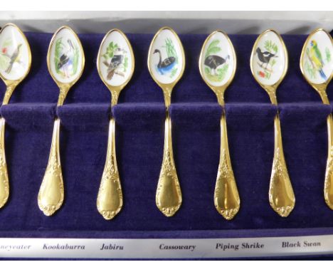 An Australian State Bird Spoon Collection, each spoon is gold plated with enamel bowl in original box. 