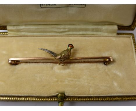 A Lady's 9 ct Yellow Gold, Platinum and Enamel Pheasant Bar Brooch 3.3 gms wt.