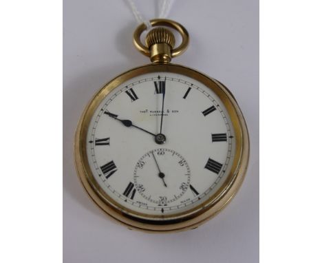 A Gentleman's Thomas Russell & Sons, Liverpool Gold Plated Pocket Watch in Gold Plated Adonis American Case. The watch having