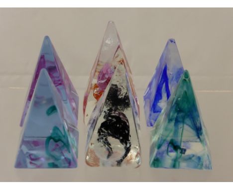 Six Caithness Pyramid Paperweights, including Green, Purple, Pink, Black, Sherbet and Cobalt.