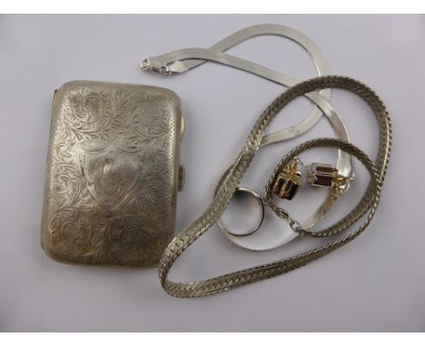 Four misc silver items, including a cigarette case, two necklaces, a pair of earrings and a ring.