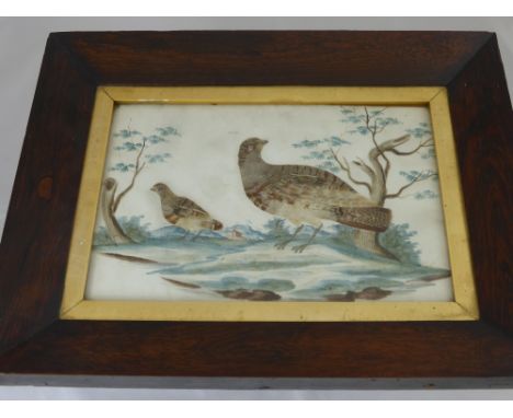 An Antique Chinese Original Watercolour and Feather Art Picture, depicting Grouse, presented in a Rosewood frame,  29 x 20 cm