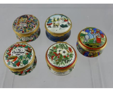 Five Halcyon Enamel Trinket Boxes, including Christmas 1981, Christmas 2003, Christmas 1992, Christmas 1979 and Christmas 198