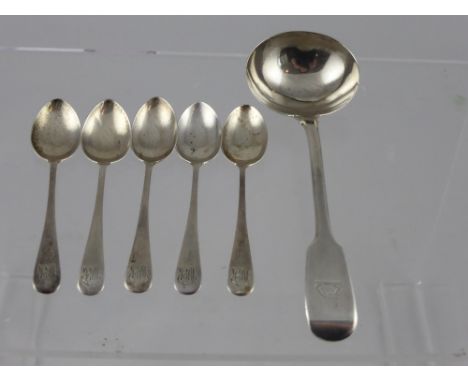 Five Solid Silver Coffee Spoons, Birmingham hallmark dated 1925/26 together with a Georgian sauce ladle, London hallmark date