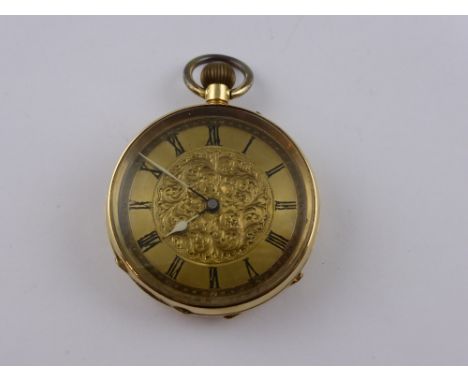 A Ladies 18 ct yellow gold Continental open space pocket watch. The pocket watch case stamped 18 k no. 61884 having a gilt fa