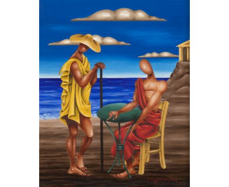 NIKOS ENGONOPOULOS (1907-1985)Poète et villageois signé en grec et daté '65' en bas à droitehuile sur toile 55 x 45cm. (21 5/