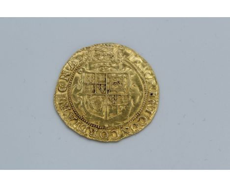 A Charles I Unite coin with Lis mint mark indicating 1625 as mint year. Marked with XX on the obverse besides the portrait of