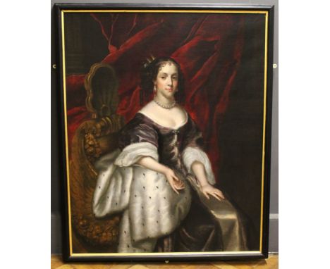 Follower of Sir Peter Lely. British ( 1646-1691) Portrait of Catherine of Braganza. Seated three quarter length, wearing a pl
