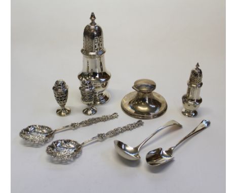A collection of late 19th century/ early 20th century sterling silver table wares. Comprising a pair of openwork bonbon spoon
