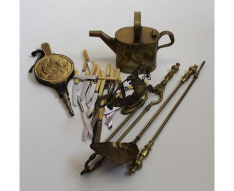 A small quantity of brassware, including water can, bellows, fire tools etc