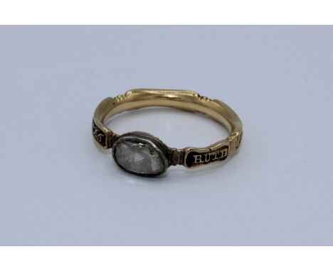 A Georgian Rose cut diamond mourning ring. Inscribed into black enamel" "Ruth Workman OB 1739". Size J-K (cannot be accuratel