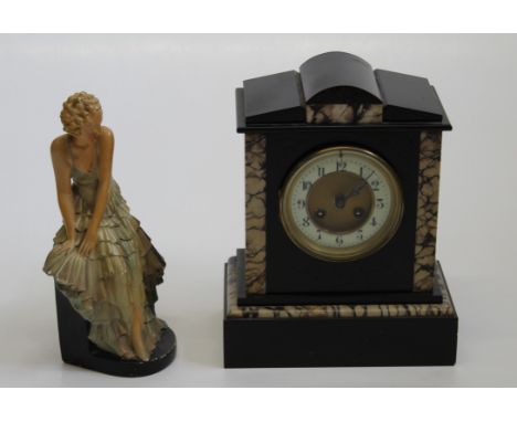 A 19th century '' black slate'' mantle clock of small proportions, with bell striking movement, 29cm high, together with a si