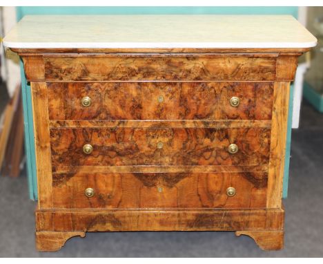 A 19th century French figured walnut four drawer commode with marble top, raised on bracket feet, 91 x 120 x 58cm