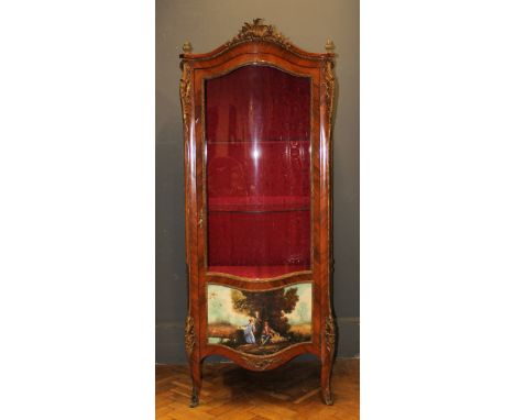 A mid 20th Century Louis XV style walnut and Kingwood serpentine vitrine, Rococo style gilt metal appliqu&eacute;s, glazed pa