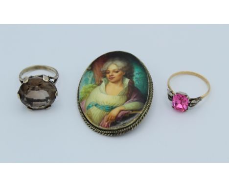 A group of Antique and Vintage jewellery comprising a Russian hand painted portrait brooch, an Art Deco style gold over silve