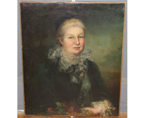 Clare Burton. Portrait of an elderly lady. Half length, wearing a black gown with lace collar. Oil on canvas, signed and date