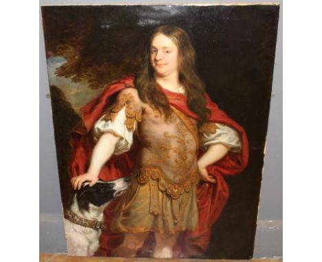 17th century Flemish School.  Portrait of a Gentleman. Three quarter length, as a Roman soldier with attendant hound. Oil on 