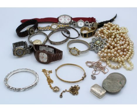 A collection of jewellery, watches and coins. To include a rolled gold hinged bangle; two silver bangles; a 925 stamped pill 