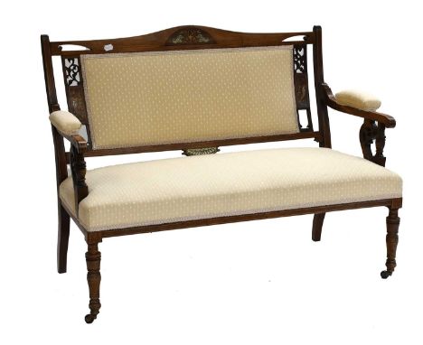 A Edwardian Inlaid Walnut Two Seater Sofa, with cream upholstery, 109cm