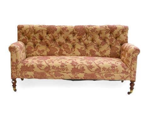 Aberford Interiors Button Back Sofa, on mahogany legs, 190cm by 85cm by 95cm estimate £200-£300, Victorian, cotton, good cond