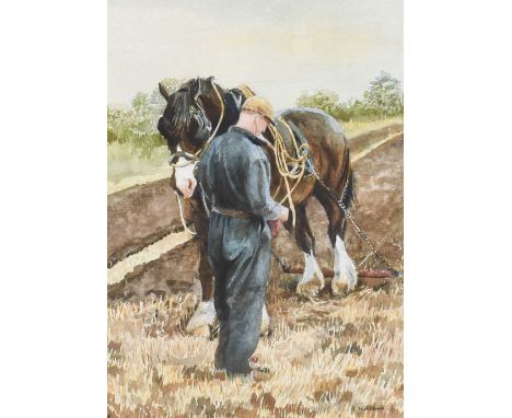 Anne Millard (20th century)"The Winning Ticket", study of a harnessed shire horse and farmerSigned, watercolour, 34cm by 23.5