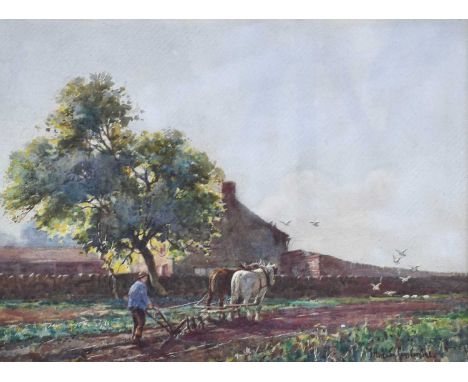 George Hamilton Constantine (1878-1967)Felling the furrow, farmer and two heavy horsesSigned, watercolour, 26cm by 35.5cm