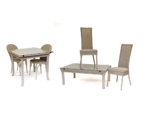 Modern Lloyd Loom Cream Painted Wicker Square Glass Topped Table, 90cm by 77cm, two pairs of chairs and a matching coffee tab