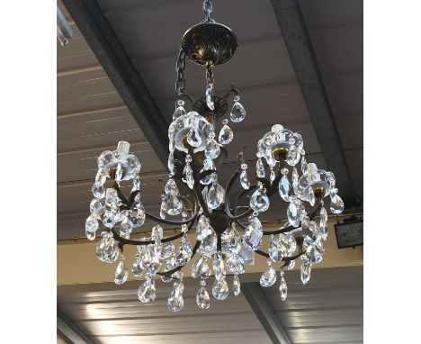 Eight Branch Chandelier, with glass drops, gilt metal three branch chandelier and a pair of gilt metal scrolling three branch