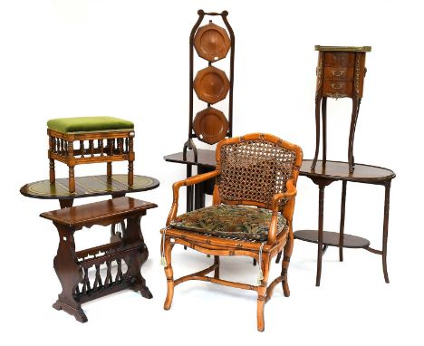A French Checkered-Inlaid Walnut Lamp Table, with gilt metal gallery and mounts and three drawers, 33cm by 73cm and A Faux Ba