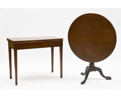 A George III Mahogany Fold Over Tea Table, 90cm by 45cm by 75cm and a mahogany tilt top tripod table of similar date, 86cm by