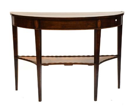 A 19th Century Inlaid and Crossbanded Mahogany Demi Lune Side Table, with shaped shelf stretcher, 124cm by 52cm by 90cm