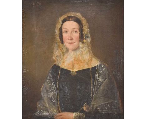 British School (19th century) Portrait of a lady with a lace shawl and bonnetIndistinctly signed and dated, oil on canvas, 74