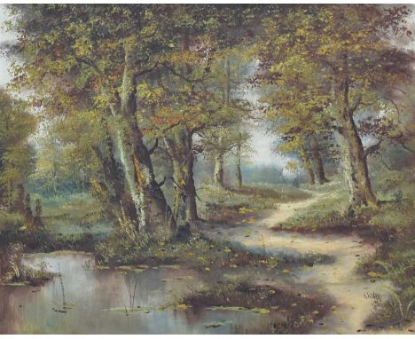 *Webber (20th century)Wooded landscapeSigned, oil on canvas, 39.5cm by 48.5cm; together with various engravings including a p