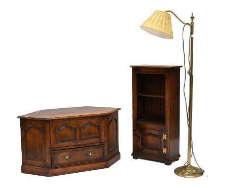 A Pair of Decorative Gilt Framed Prints of Cattle Watering, brass standard lamp, an oak tv stand and a small oak open bookcas