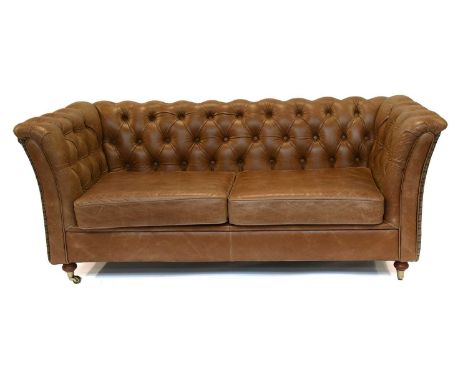 A Two Seater Buttoned Brown Leather and Tweed Chesterfield Style Sofa, 180cm by 84cm by 73cm