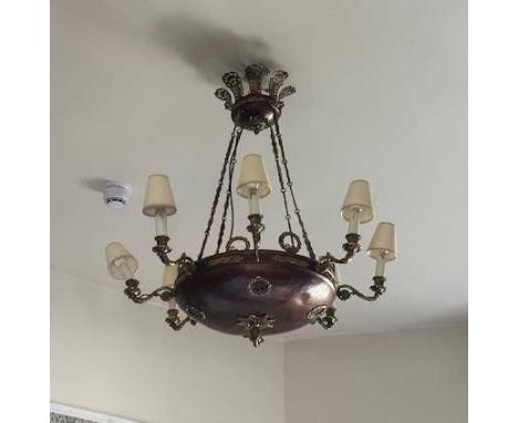 An Eight Branch Copper and Gilt Metal Plafonnier Ceiling Light, 80cm drop
