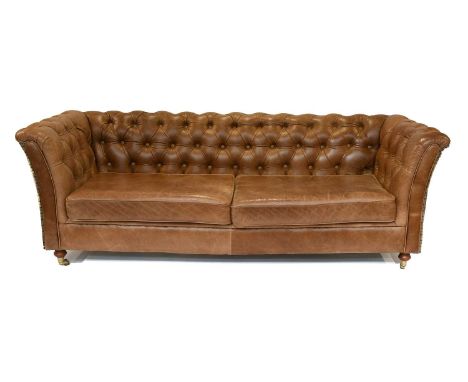 A Three Seater Buttoned Brown Leather and Tweed Chesterfield Style Sofa, 210cm by 84cm by 73cm