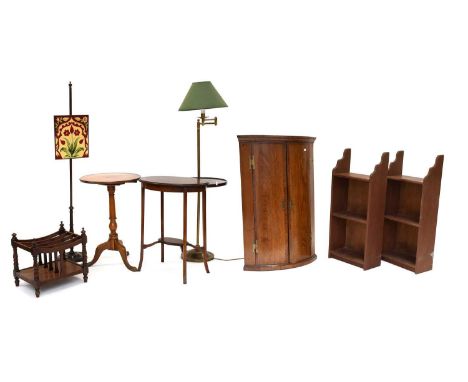 Furniture: An Edwardian inlaid mahogany oval lamp table, a pair of narrow oak two-tier open bookcases, a mahogany tripod tabl