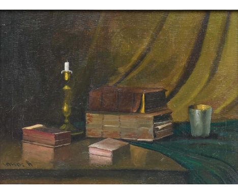 Alfred Lakos (1870-1961) Hungarian Still life of books, a candlestick and a cup Signed, oil on canvas, 23.5cm by 33.5cmProven